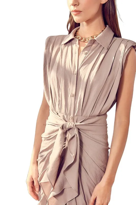 Sleeveless Button Front Tie Dress
