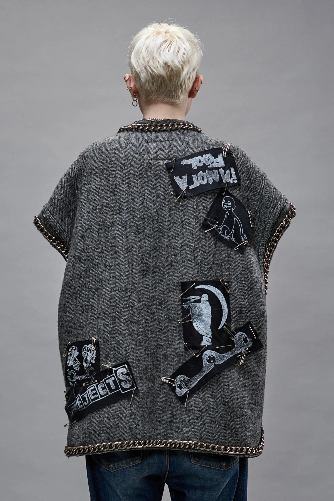 SLEEVELESS CHORE JACKET - GREY HERRINGBONE