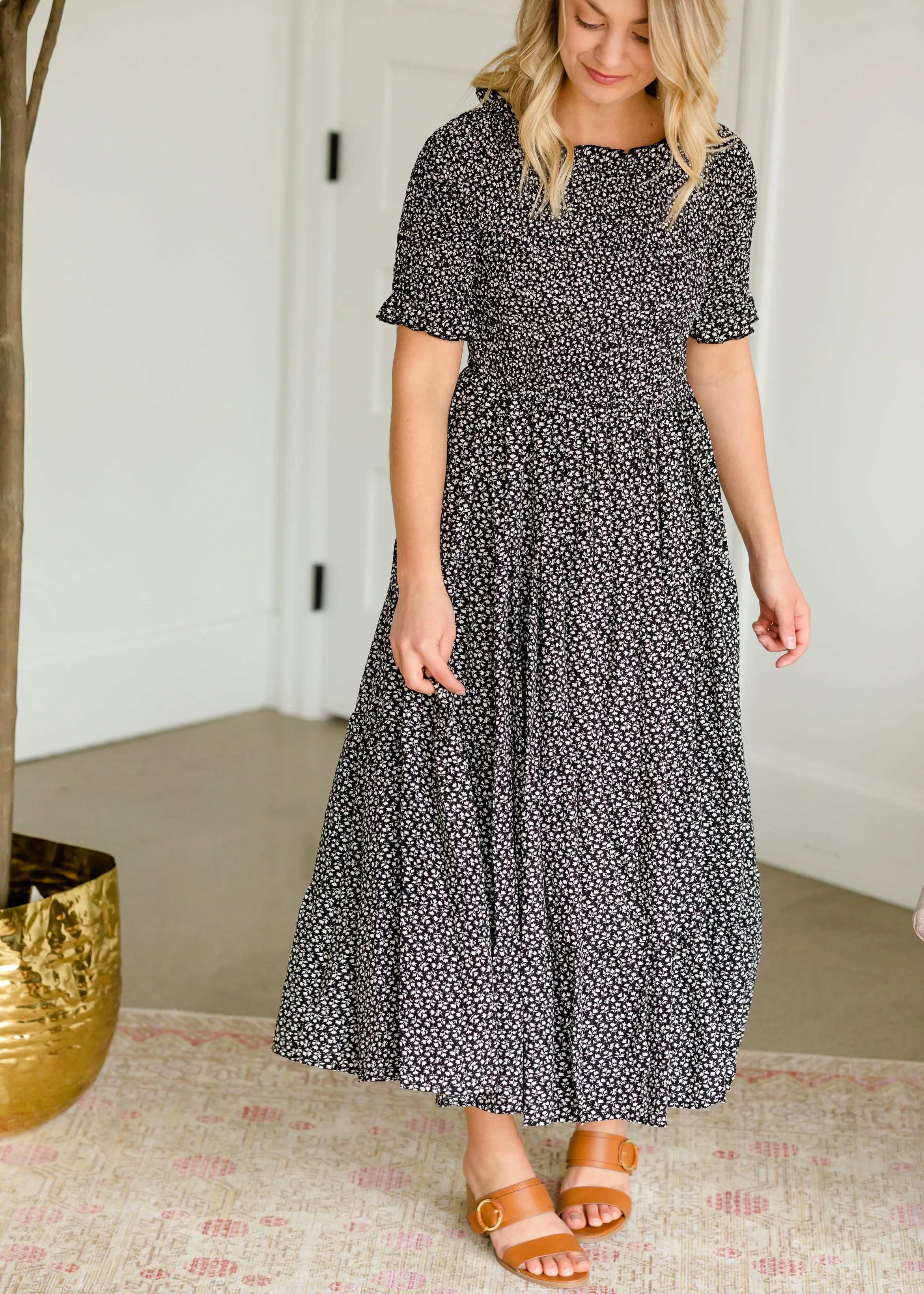 Smocked Tiny Floral Midi Dress