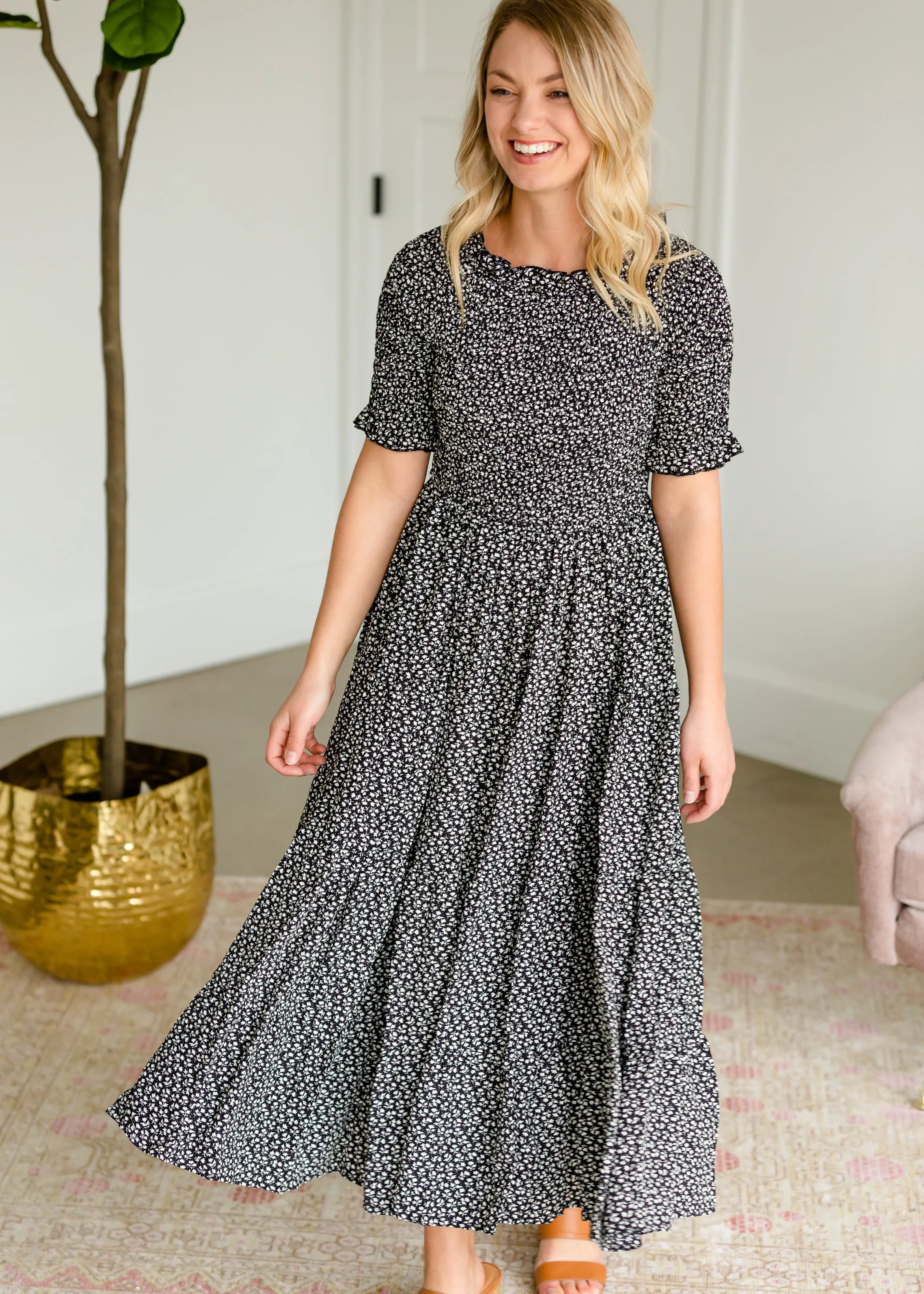 Smocked Tiny Floral Midi Dress
