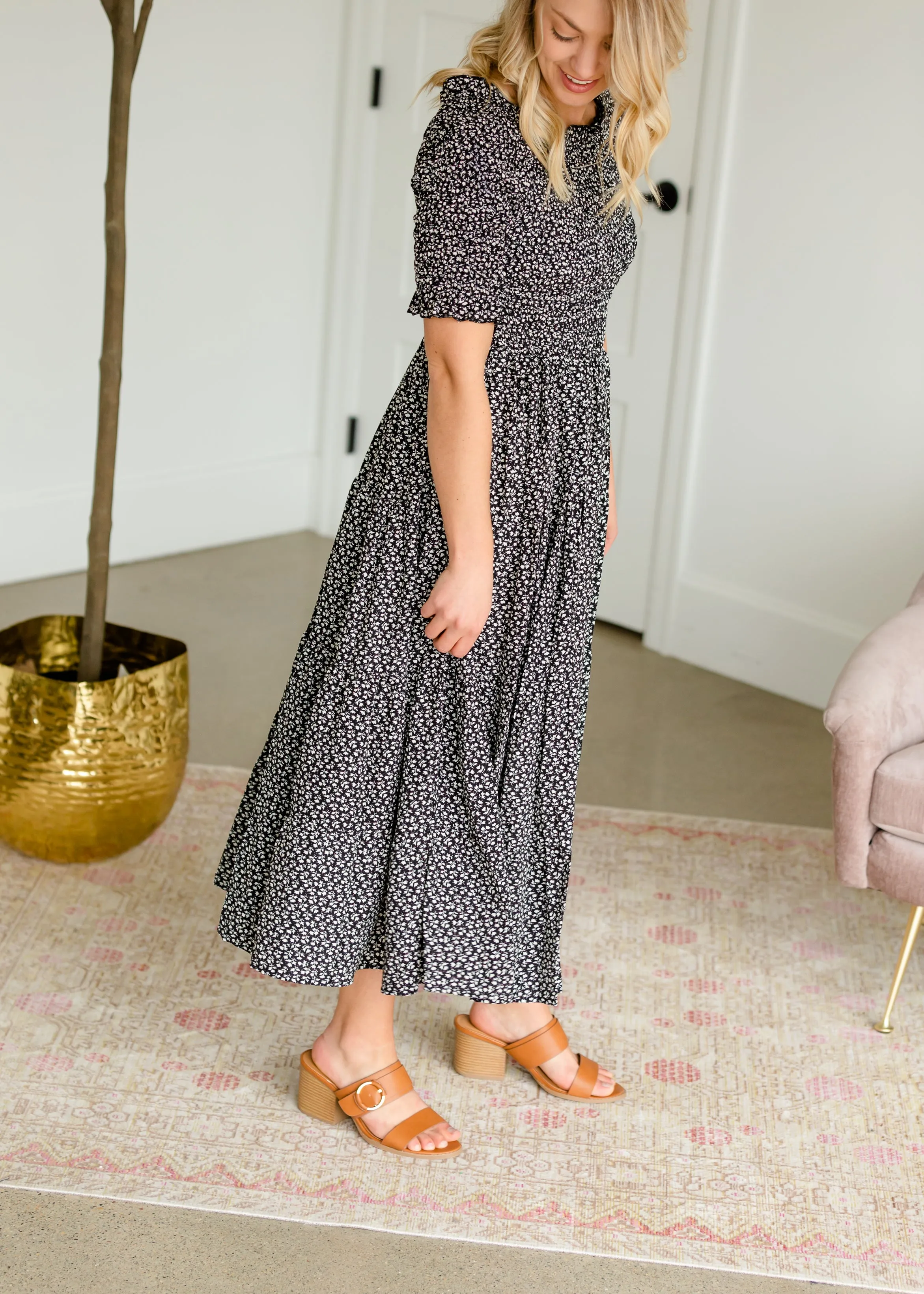 Smocked Tiny Floral Midi Dress