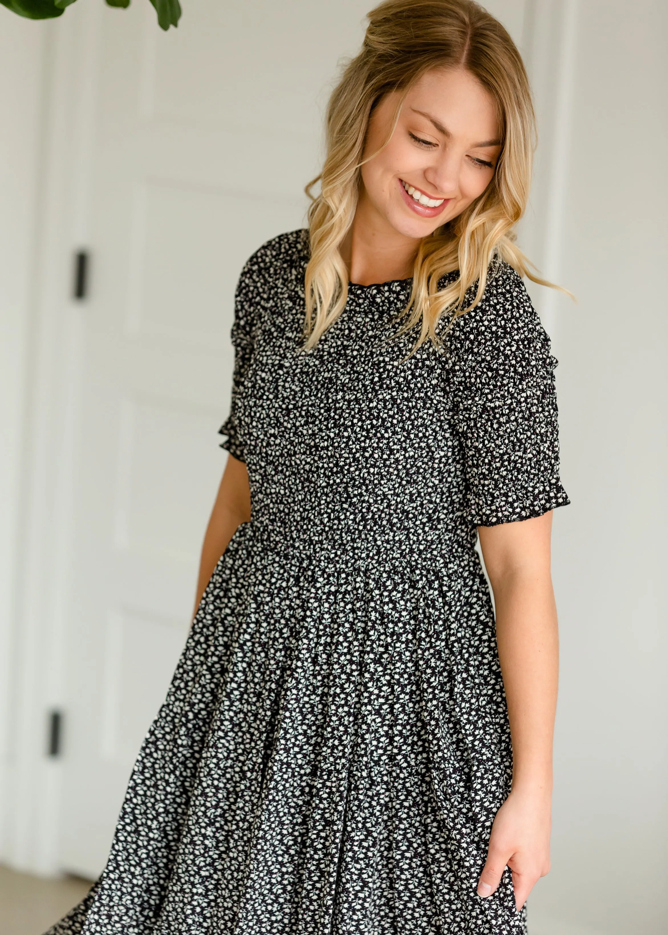 Smocked Tiny Floral Midi Dress