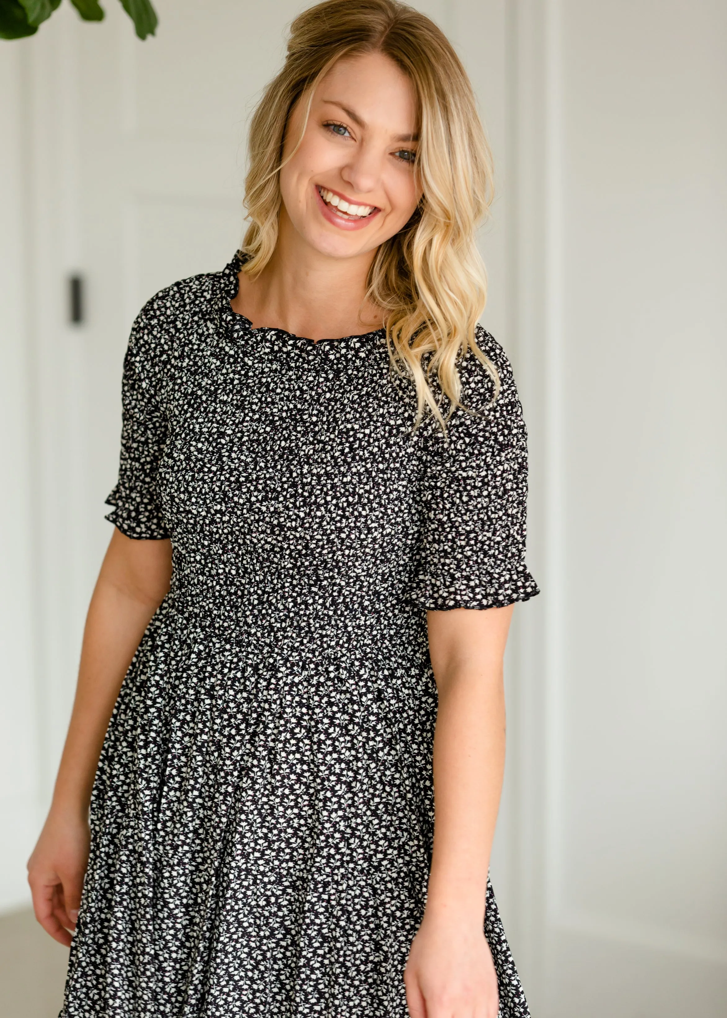 Smocked Tiny Floral Midi Dress