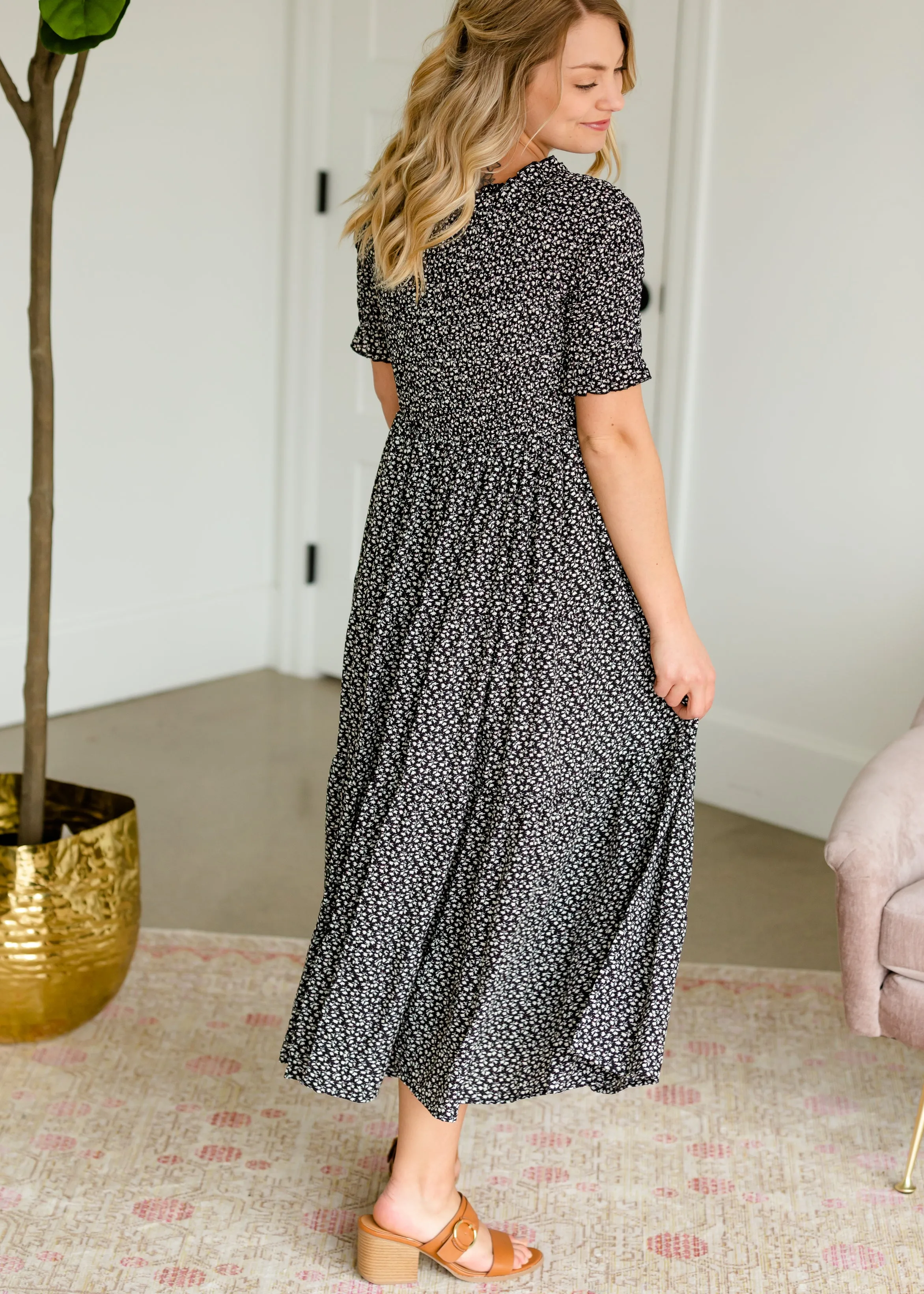 Smocked Tiny Floral Midi Dress