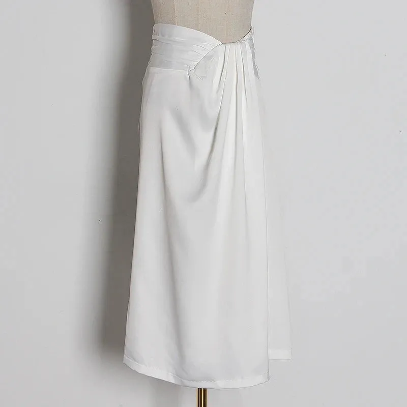 Solid Minimalist Spliced Fold Skirts For Women High Waist Patchwork Zipper Temperament Skirt Female Fashion Style