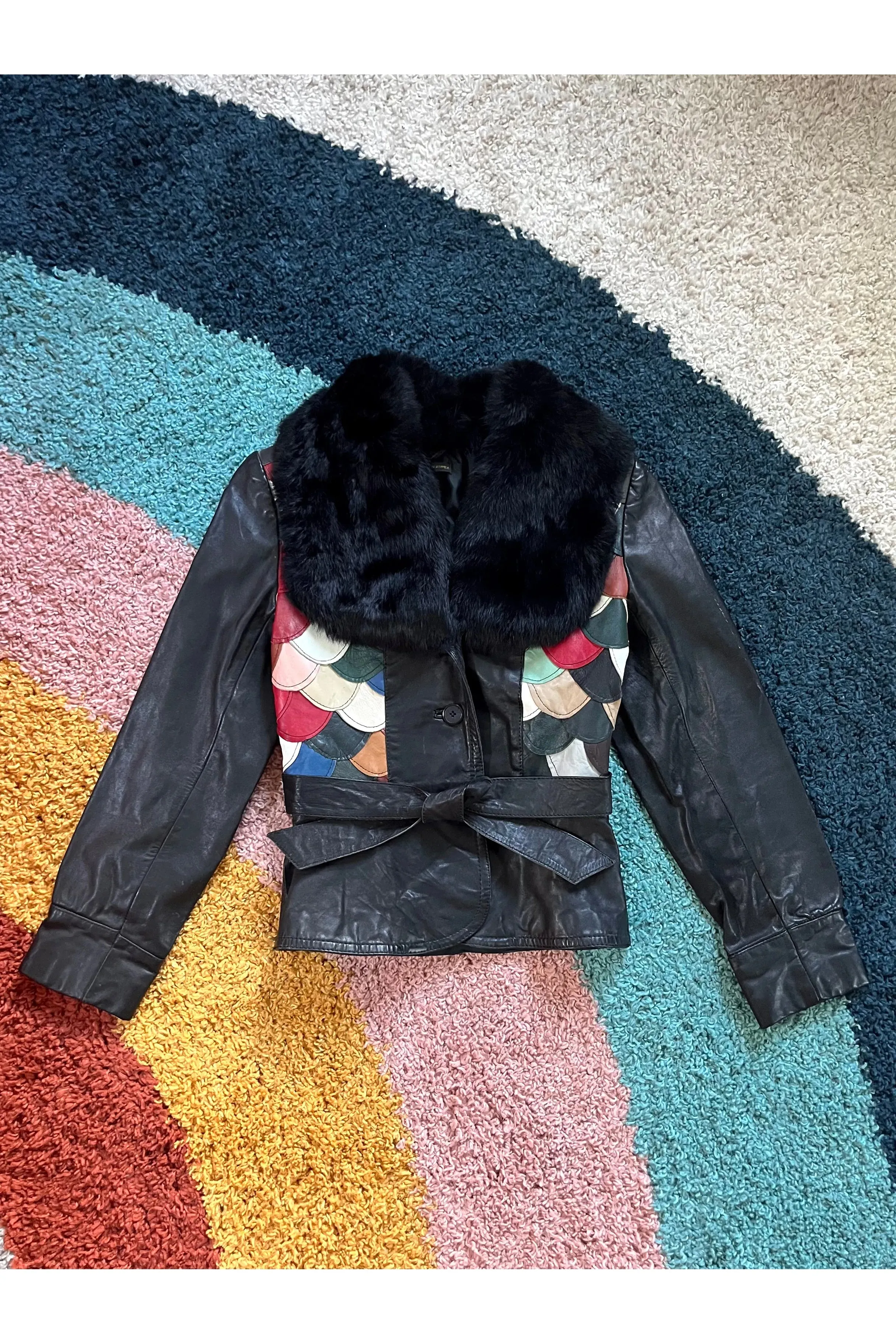 Vintage 70s Patchwork Fish Scale Fur Collar Jacket