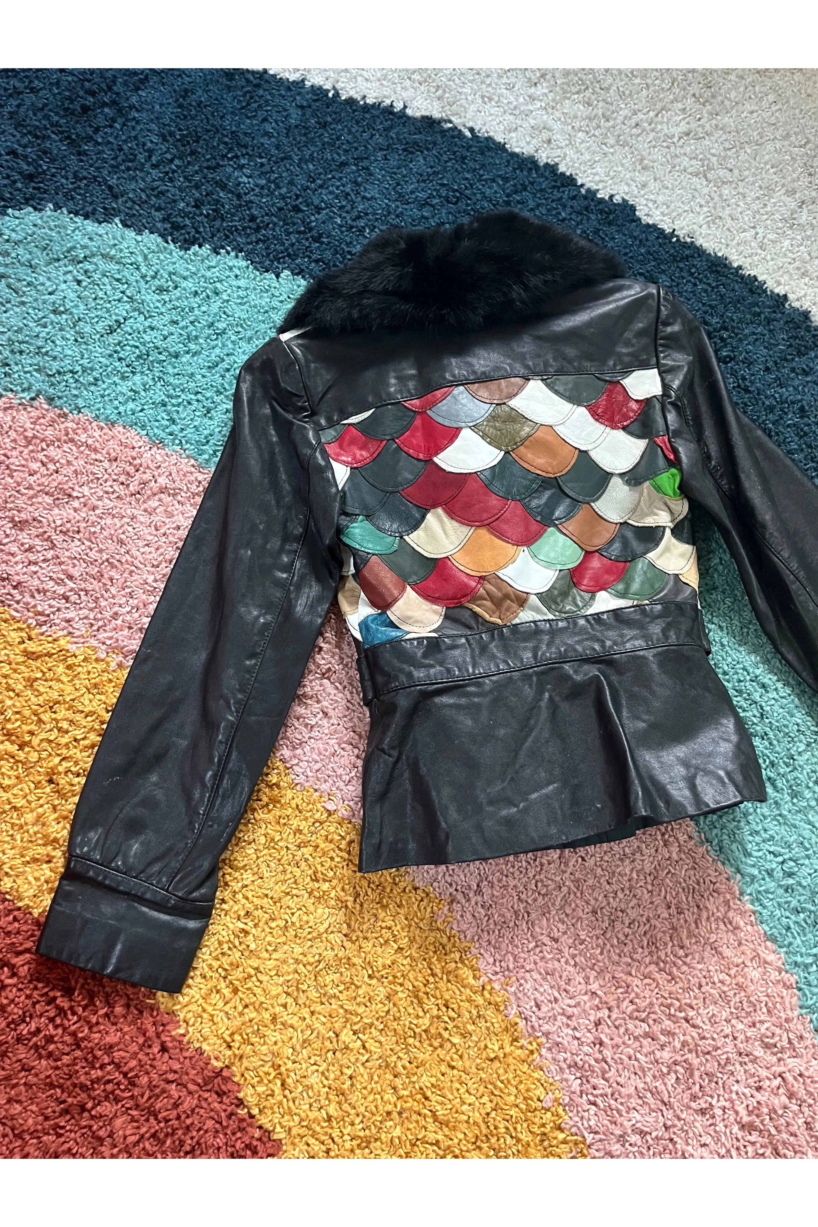 Vintage 70s Patchwork Fish Scale Fur Collar Jacket