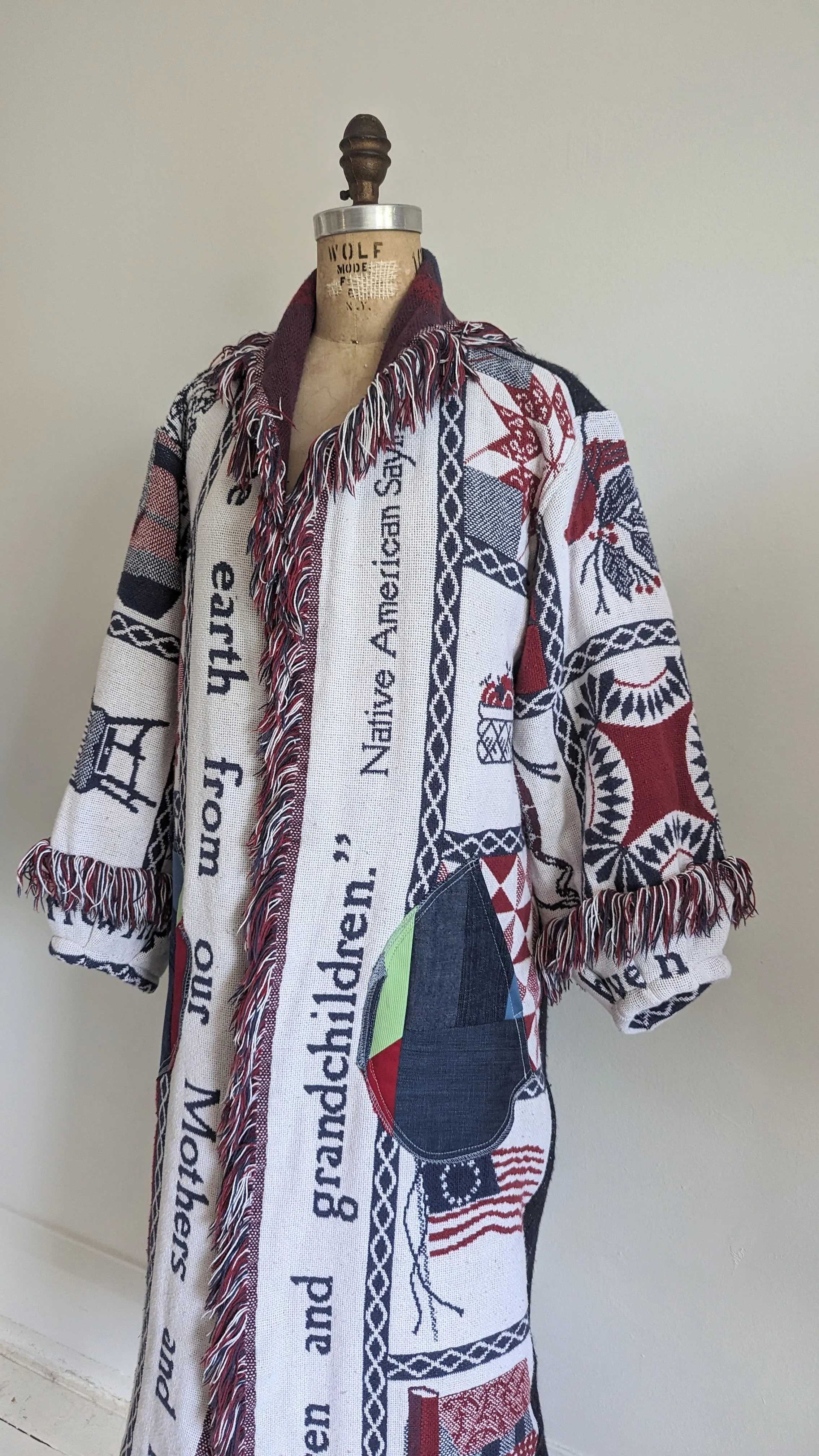 Vivianne Duster with Upcycled Cotton Throw Blanket Native American Theme Size S/M #VIVT3