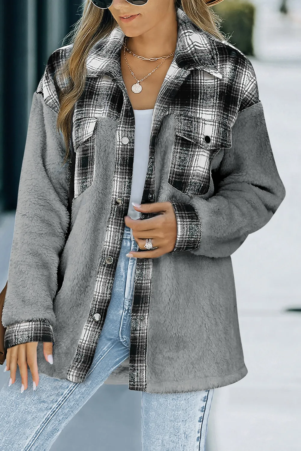 Women's Button Down Pocket Coat Plaid Shacket