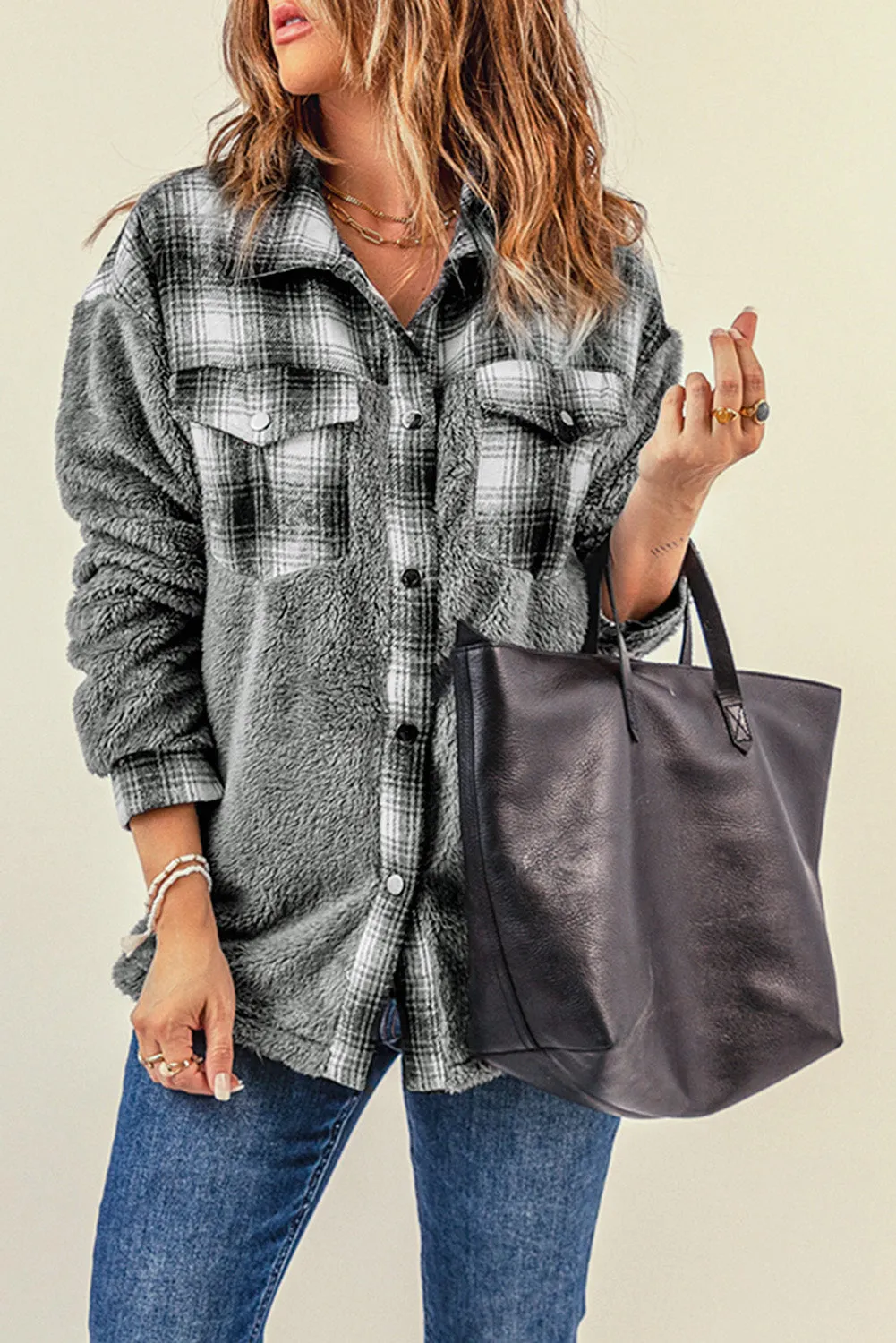 Women's Button Down Pocket Coat Plaid Shacket