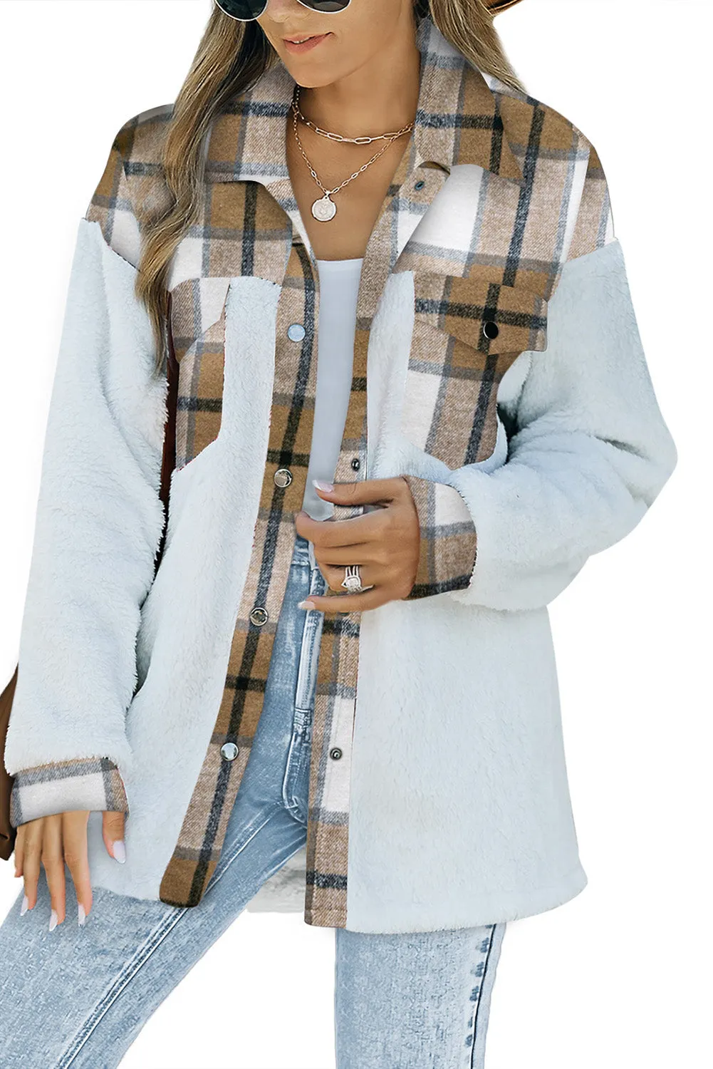 Women's Button Down Pocket Coat Plaid Shacket