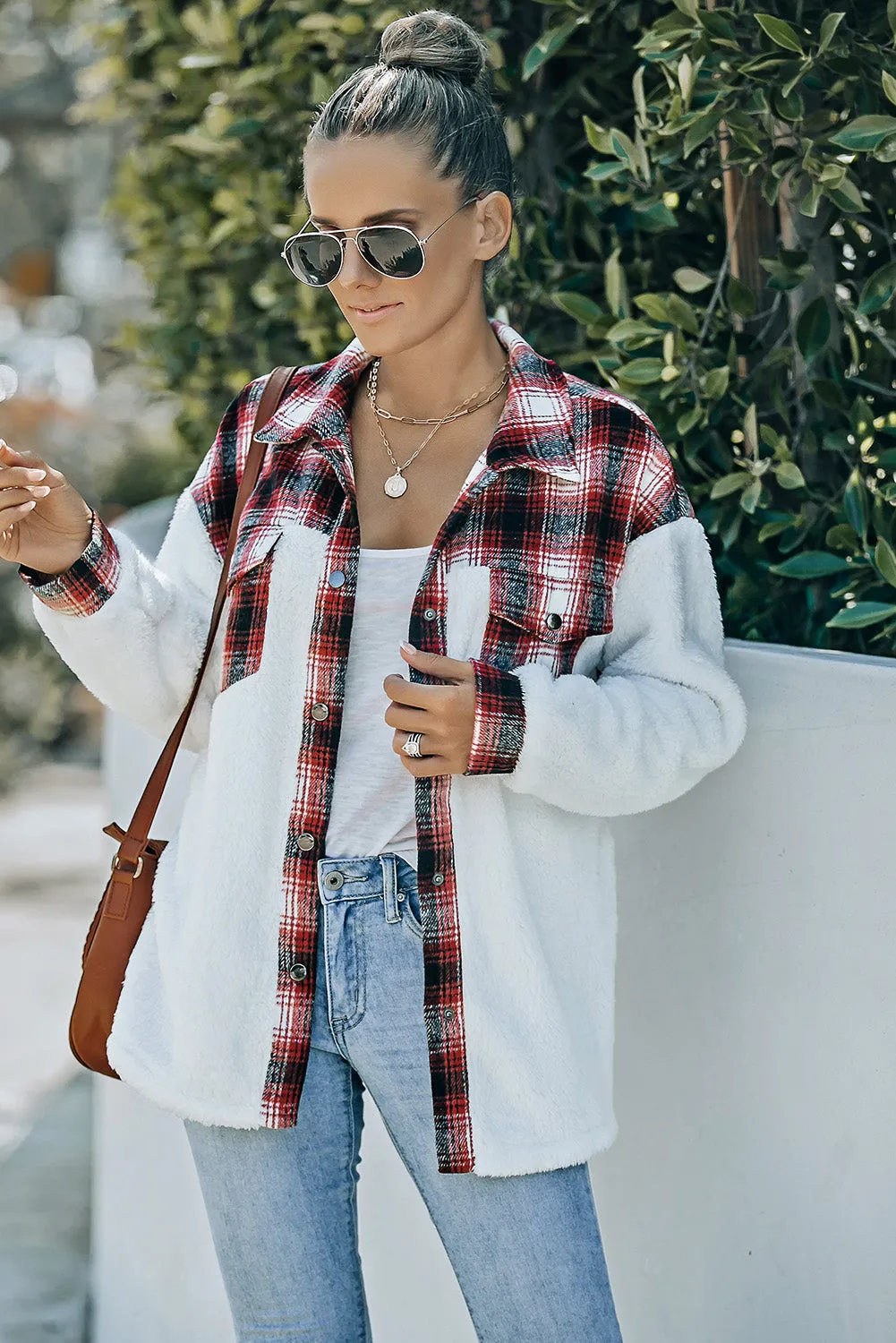 Women's Button Down Pocket Coat Plaid Shacket