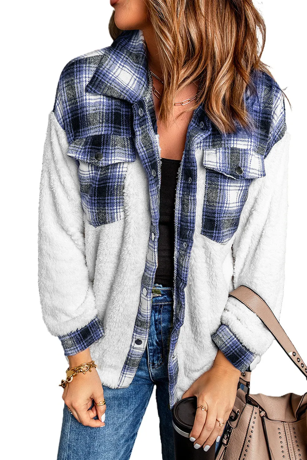 Women's Button Down Pocket Coat Plaid Shacket
