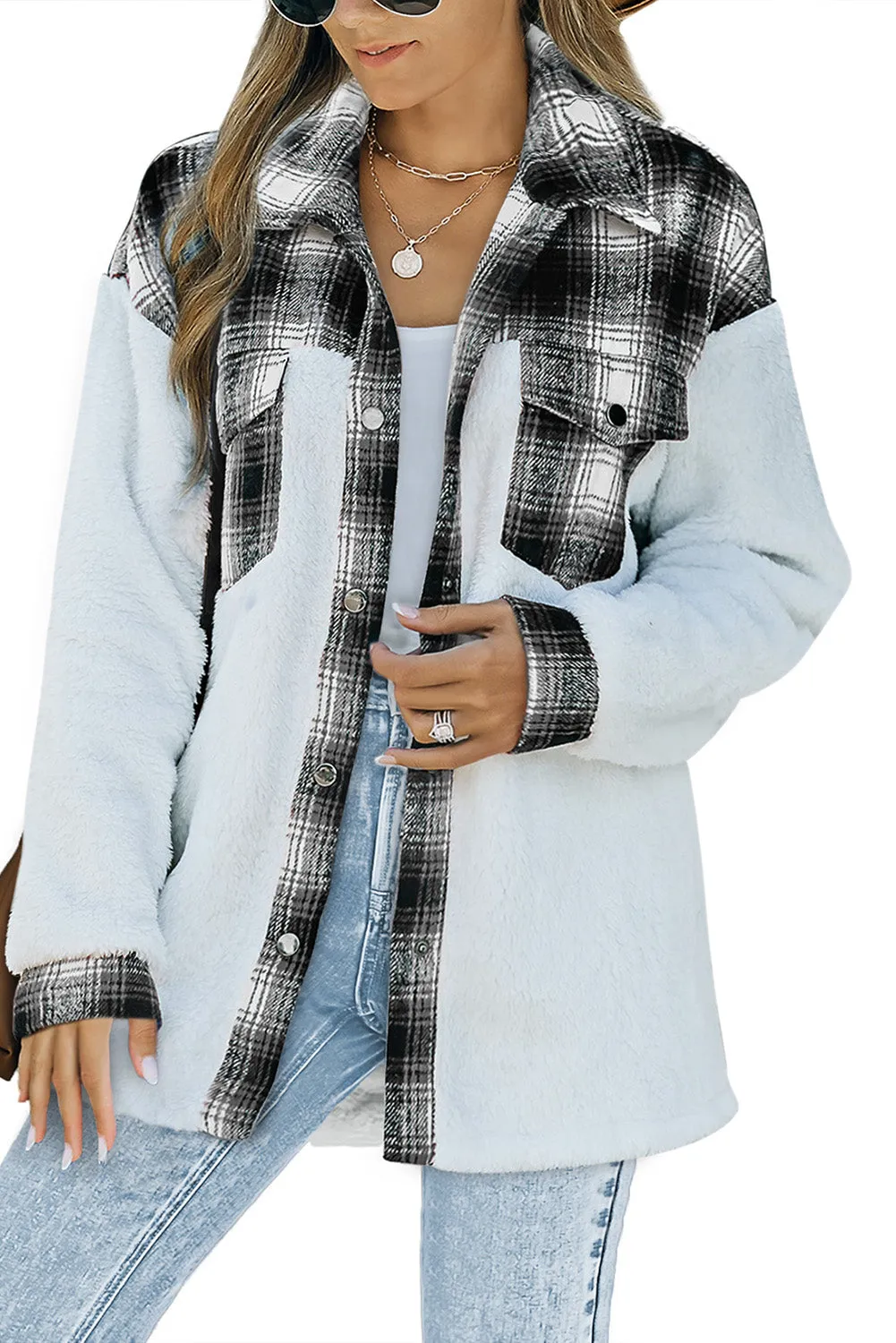 Women's Button Down Pocket Coat Plaid Shacket
