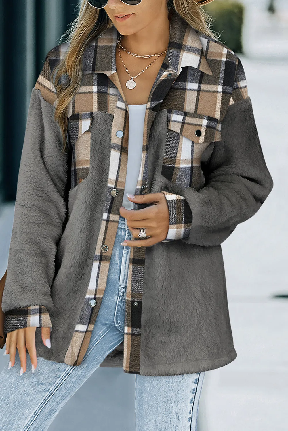 Women's Button Down Pocket Coat Plaid Shacket