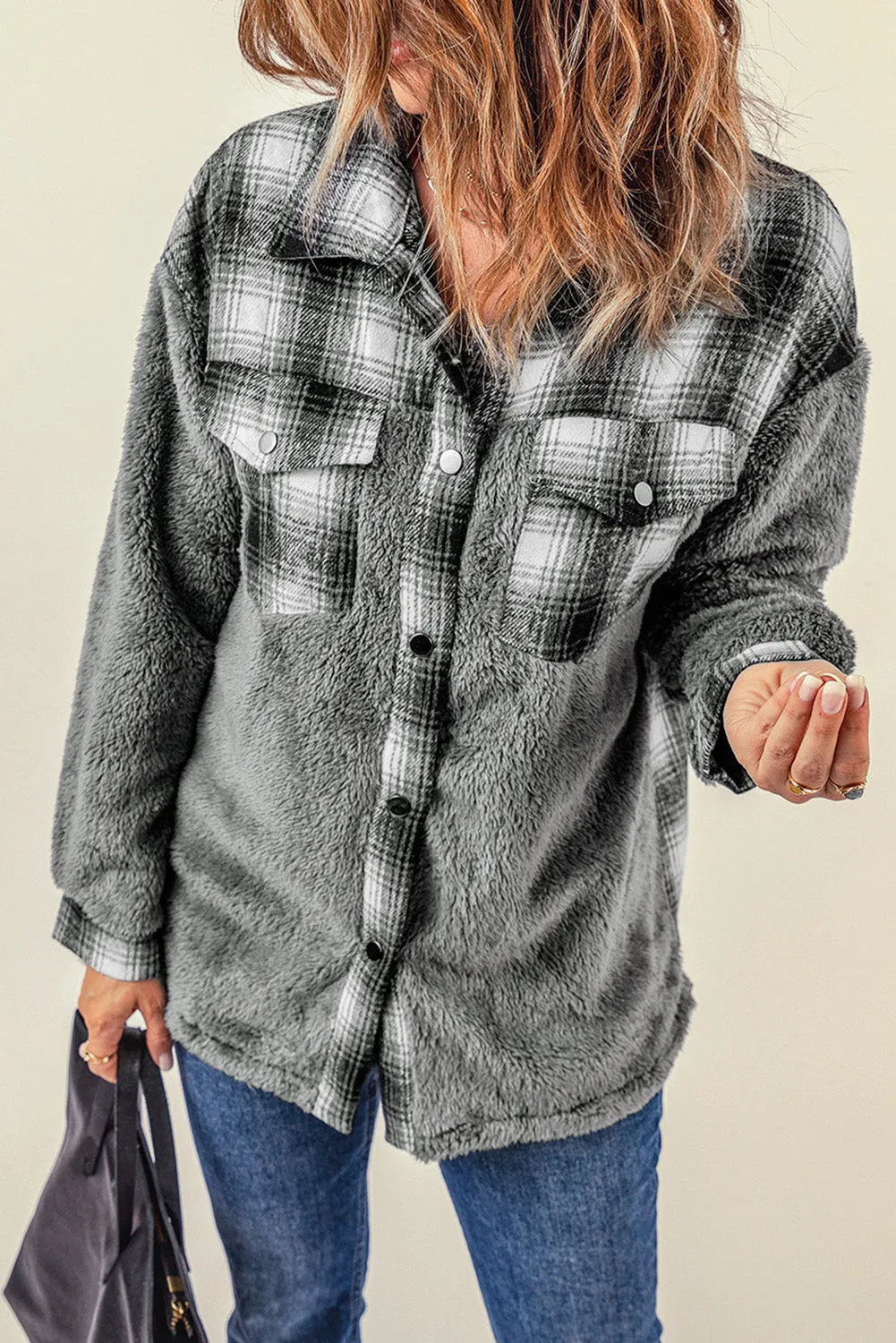Women's Button Down Pocket Coat Plaid Shacket