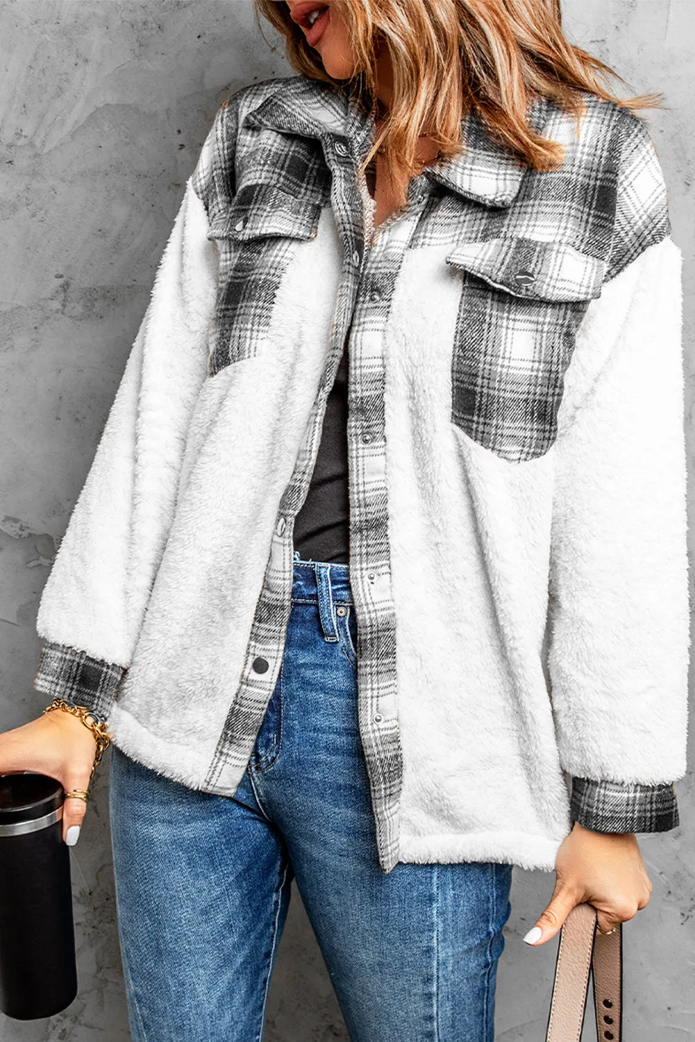 Women's Button Down Pocket Coat Plaid Shacket