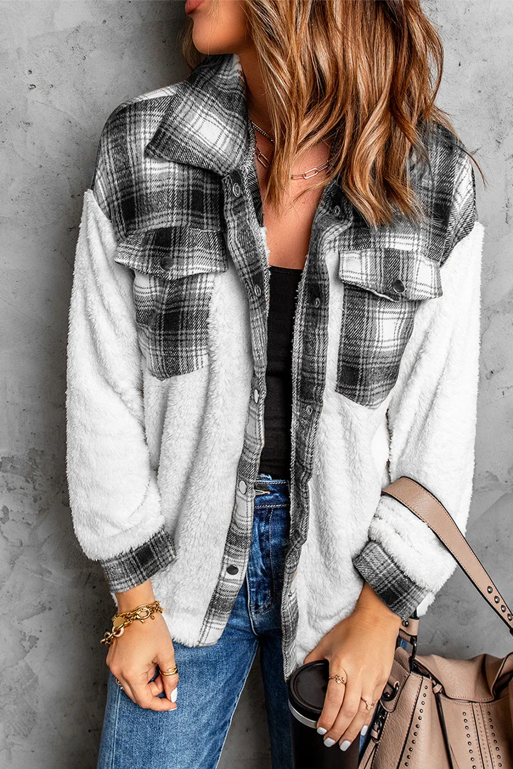 Women's Button Down Pocket Coat Plaid Shacket