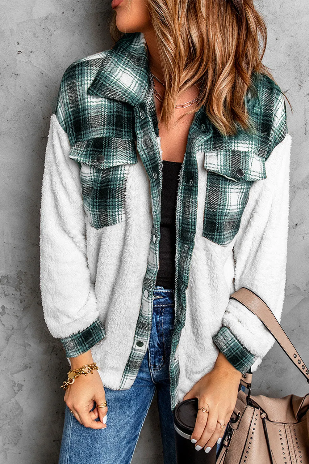 Women's Button Down Pocket Coat Plaid Shacket