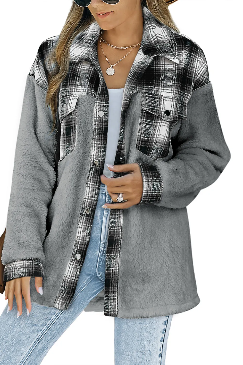 Women's Button Down Pocket Coat Plaid Shacket