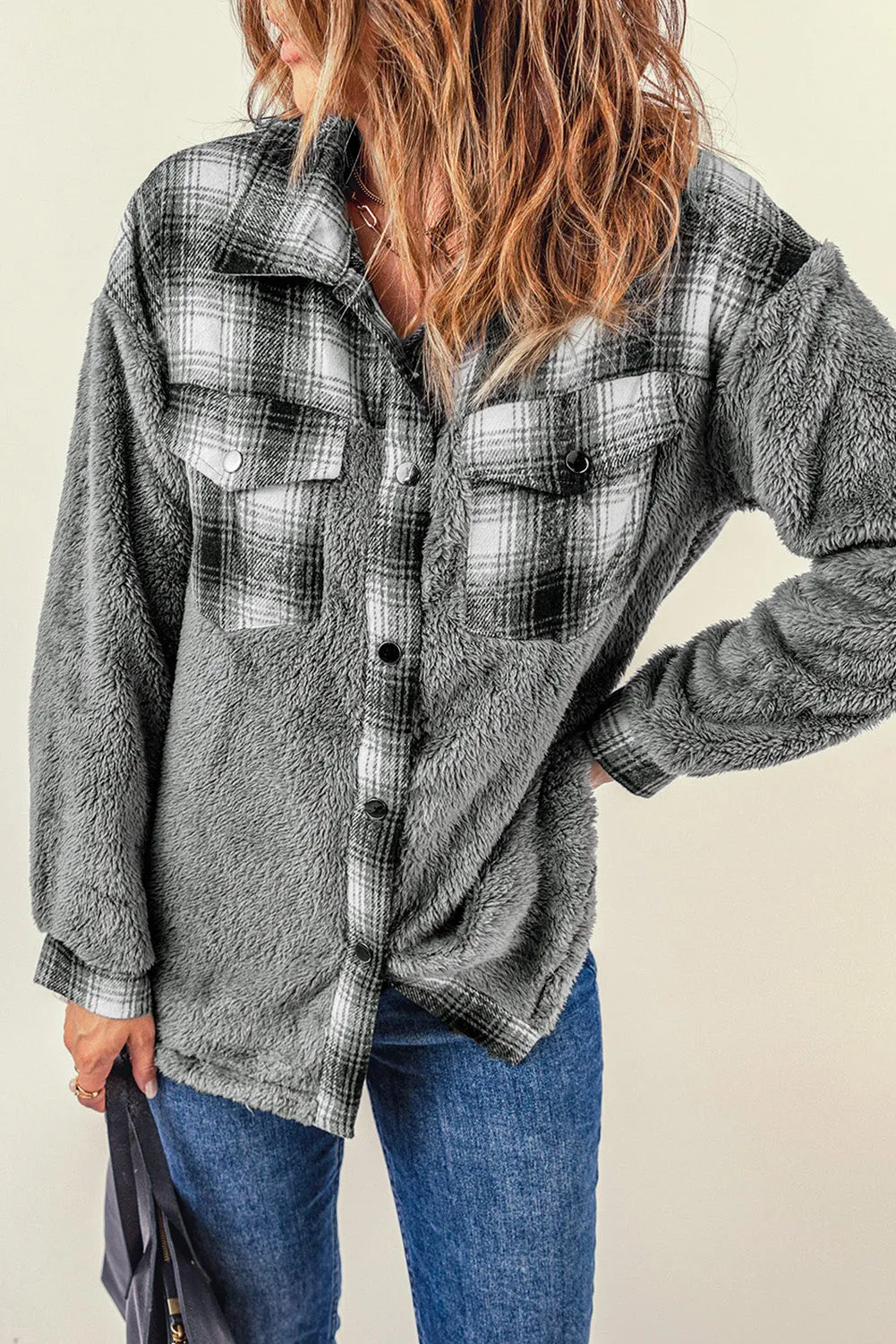 Women's Button Down Pocket Coat Plaid Shacket
