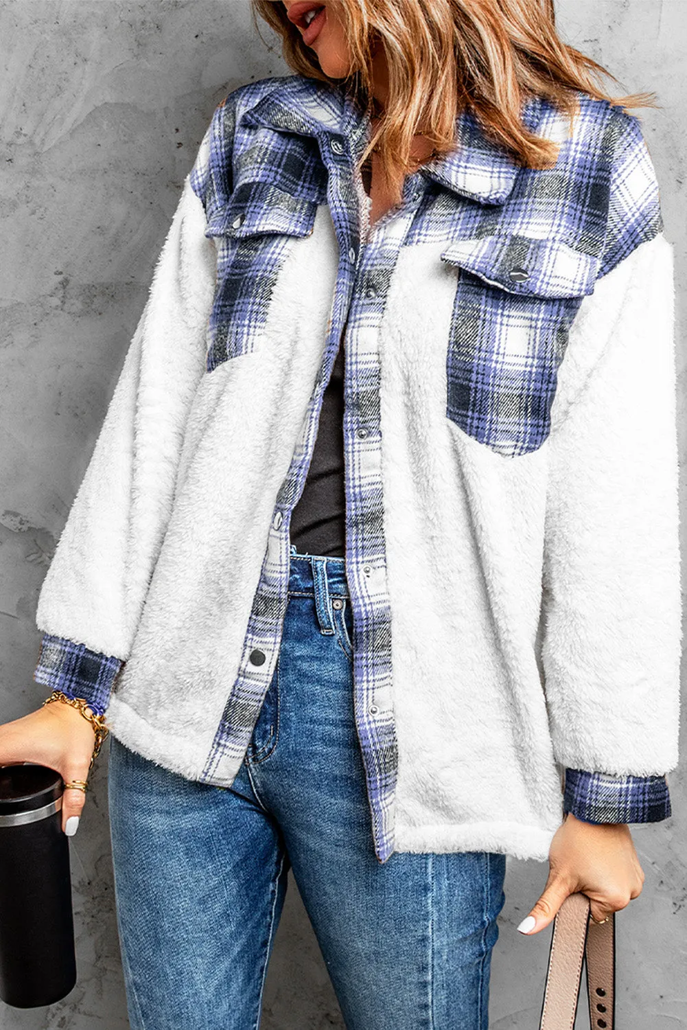 Women's Button Down Pocket Coat Plaid Shacket