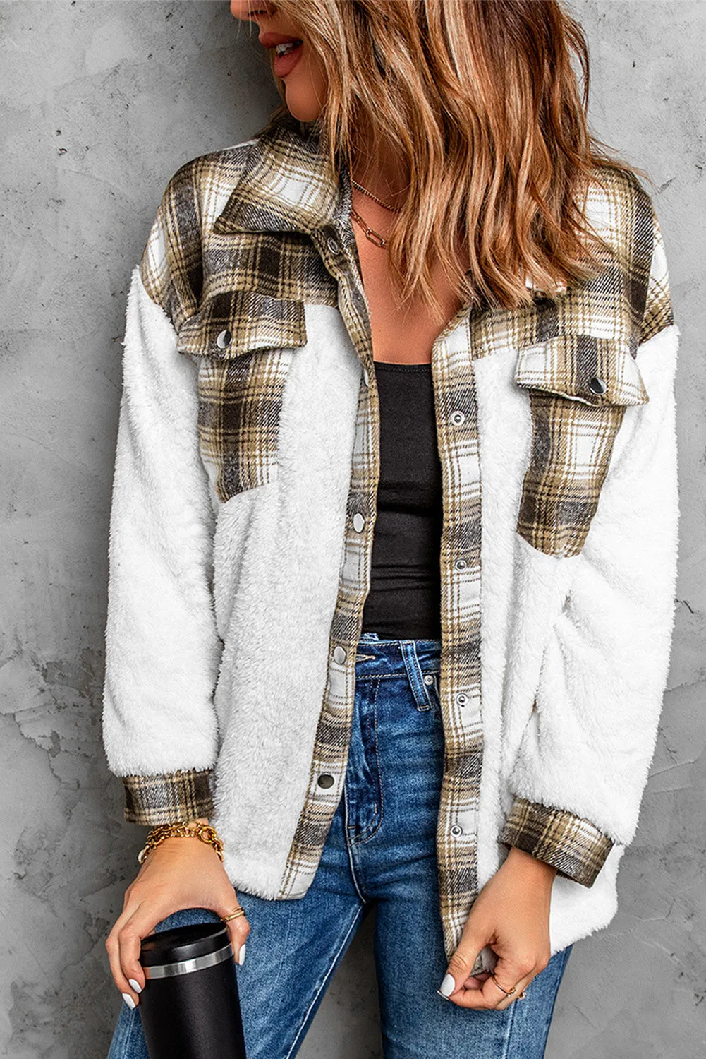 Women's Button Down Pocket Coat Plaid Shacket