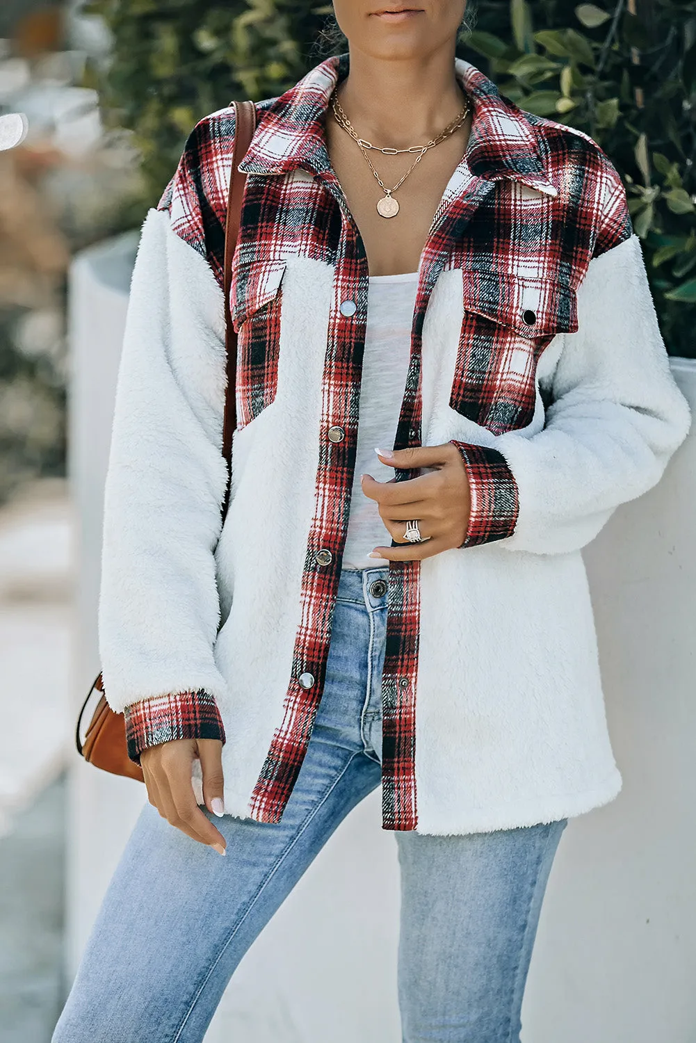 Women's Button Down Pocket Coat Plaid Shacket