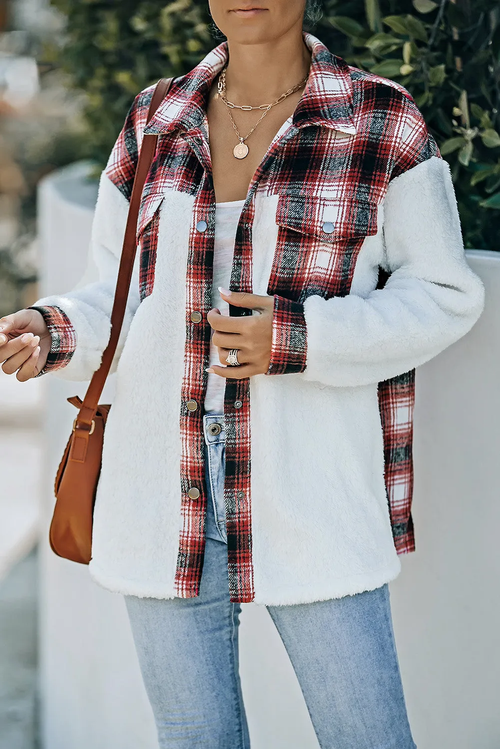 Women's Button Down Pocket Coat Plaid Shacket