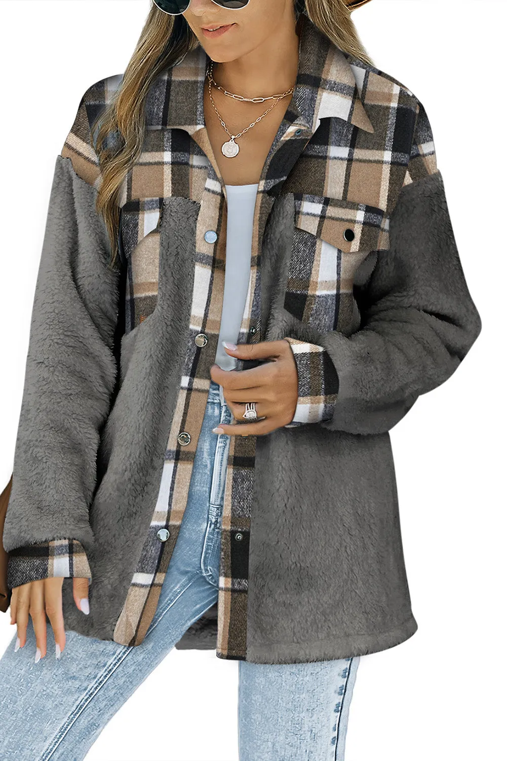 Women's Button Down Pocket Coat Plaid Shacket