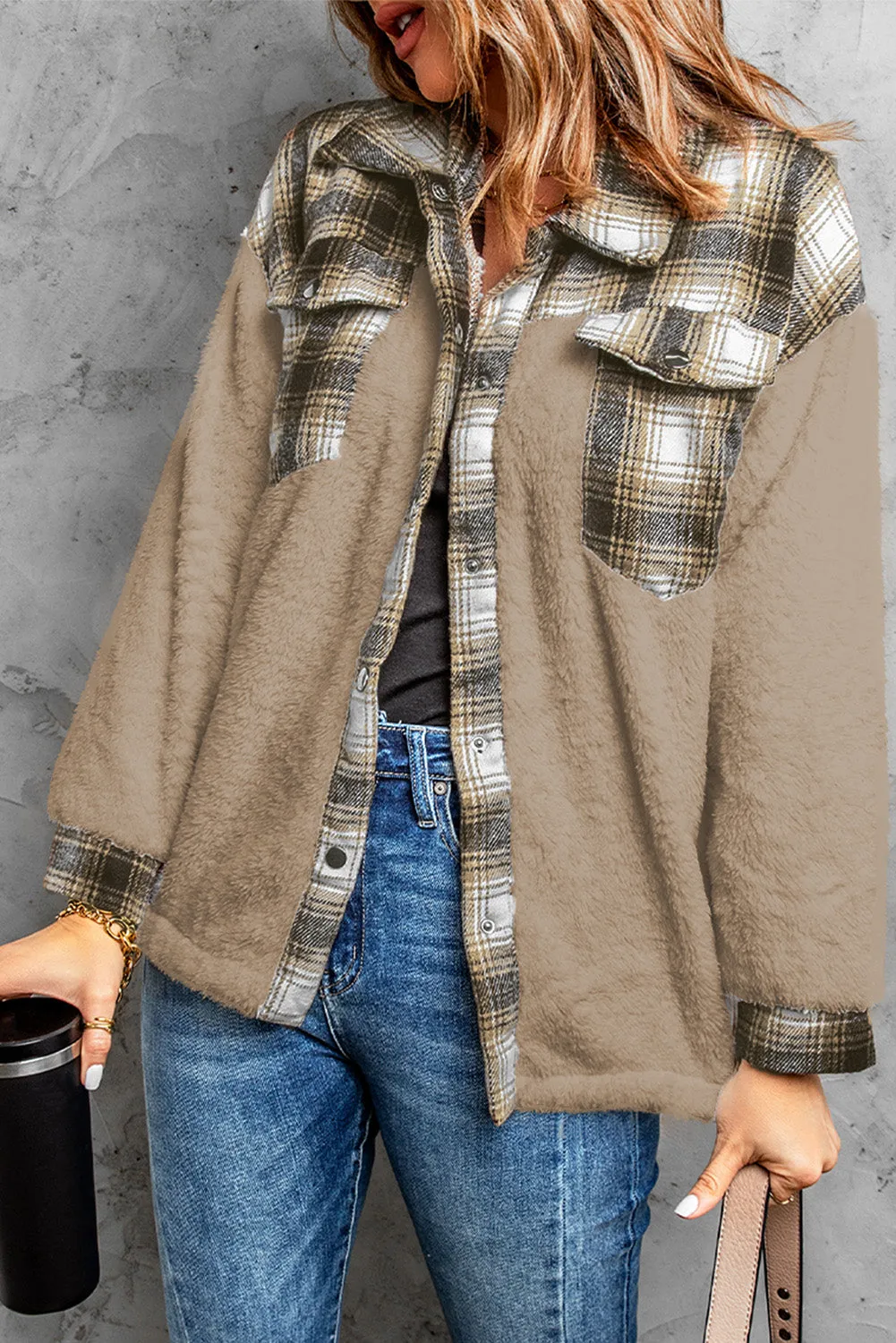 Women's Button Down Pocket Coat Plaid Shacket