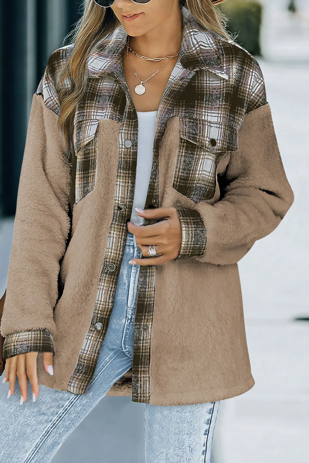 Women's Button Down Pocket Coat Plaid Shacket