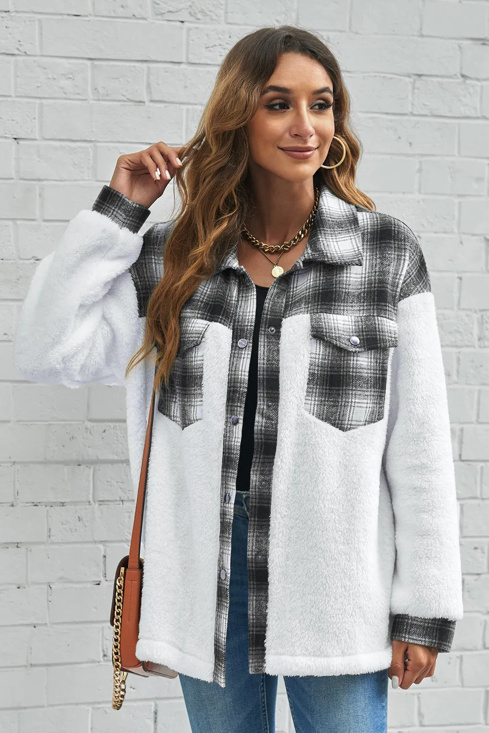 Women's Button Down Pocket Coat Plaid Shacket