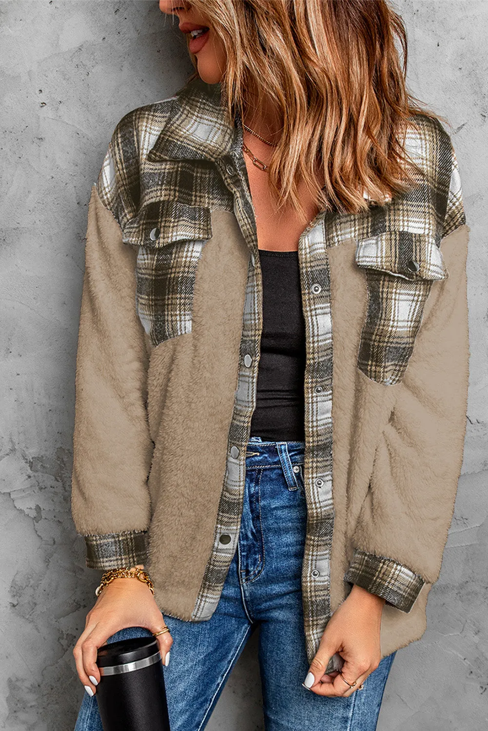 Women's Button Down Pocket Coat Plaid Shacket