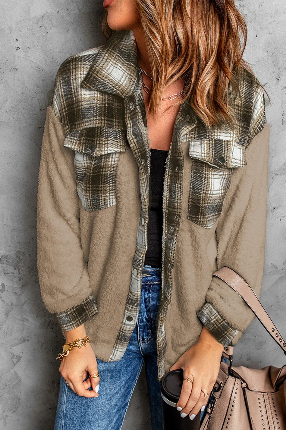 Women's Button Down Pocket Coat Plaid Shacket
