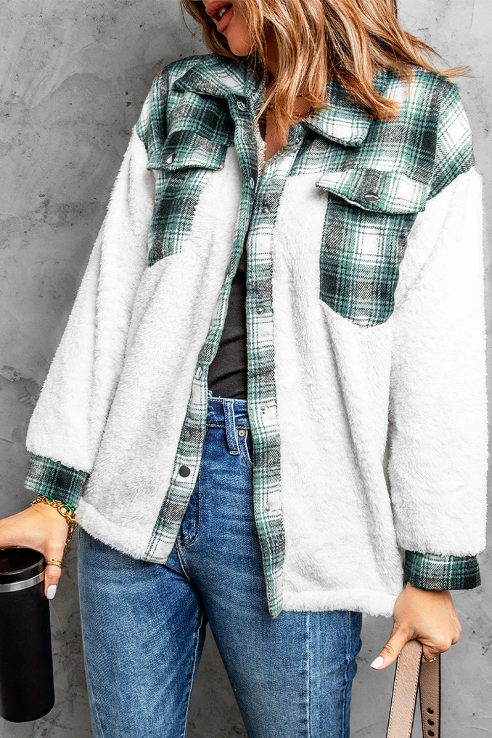 Women's Button Down Pocket Coat Plaid Shacket
