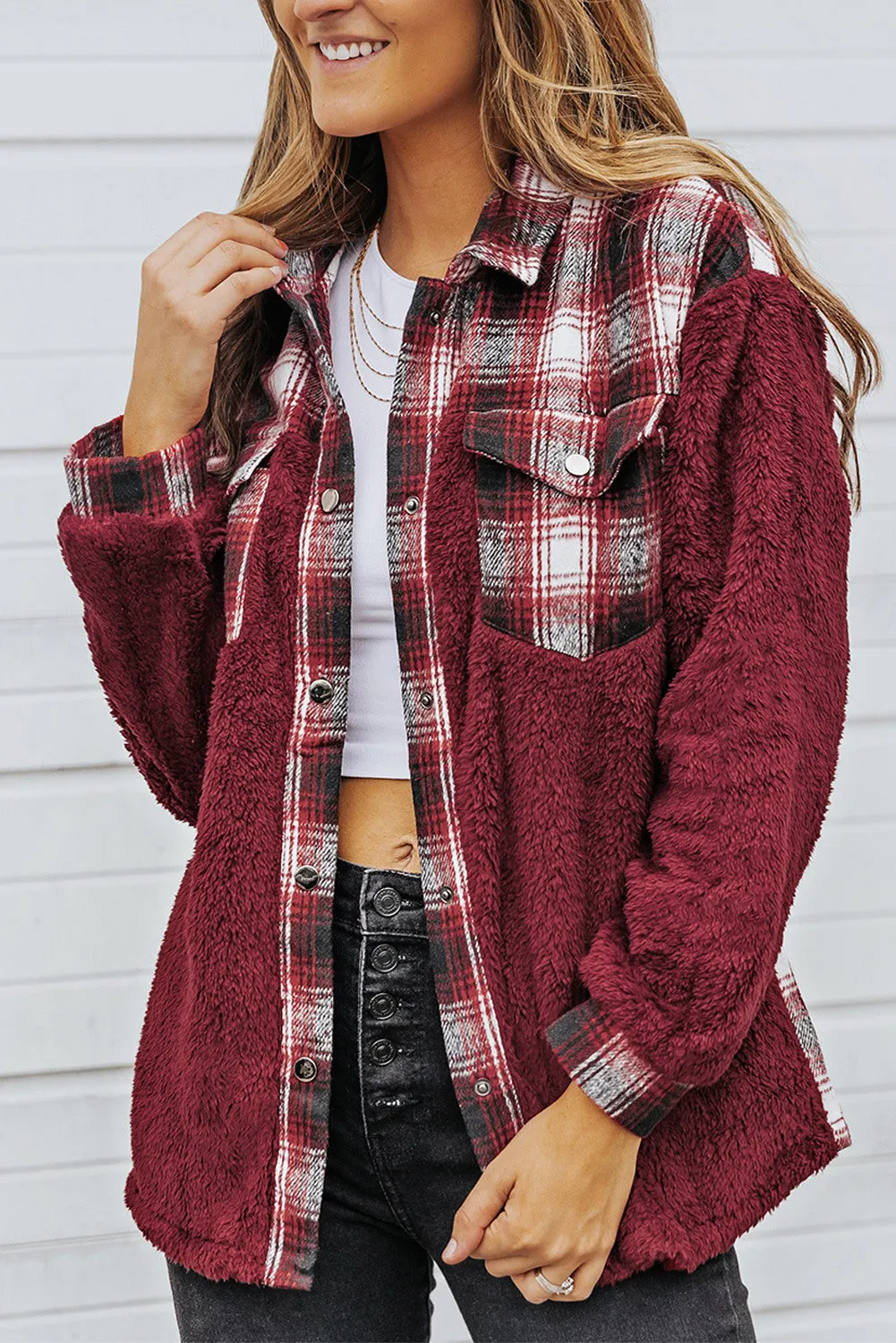 Women's Button Down Pocket Coat Plaid Shacket