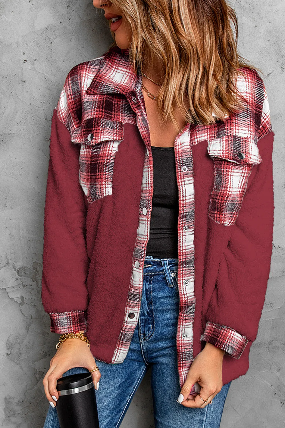 Women's Button Down Pocket Coat Plaid Shacket