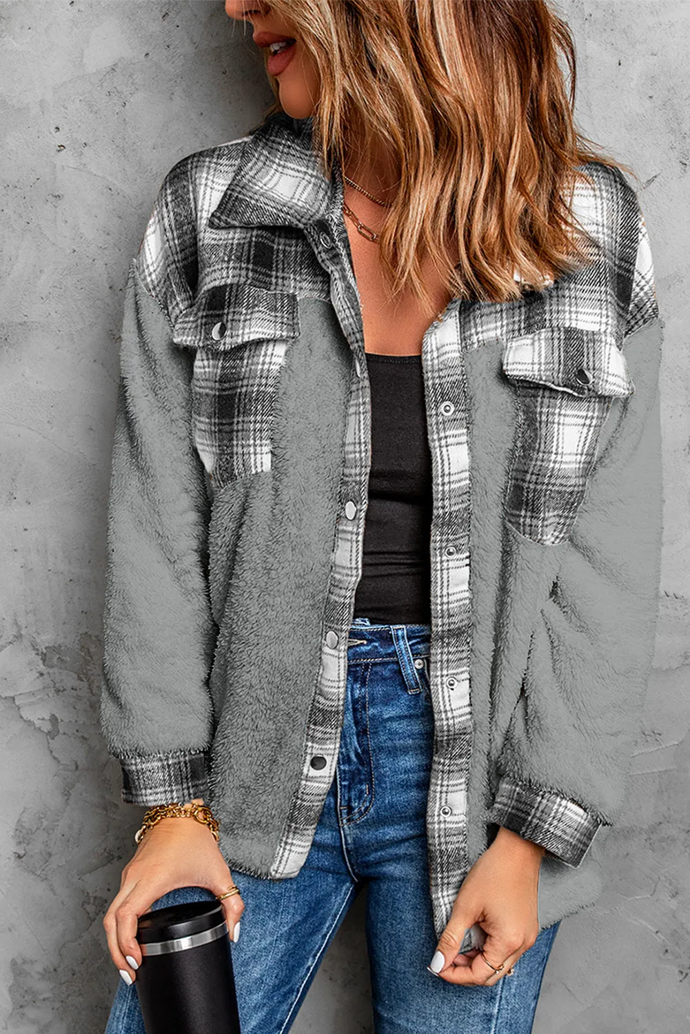 Women's Button Down Pocket Coat Plaid Shacket
