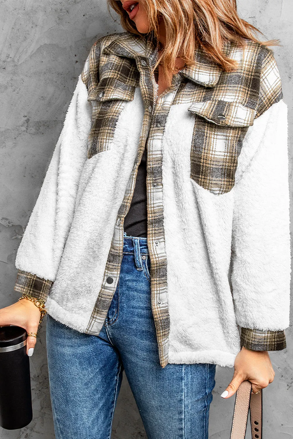 Women's Button Down Pocket Coat Plaid Shacket