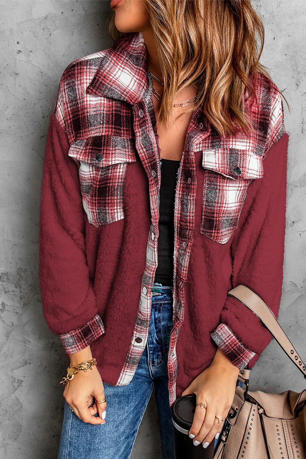 Women's Button Down Pocket Coat Plaid Shacket