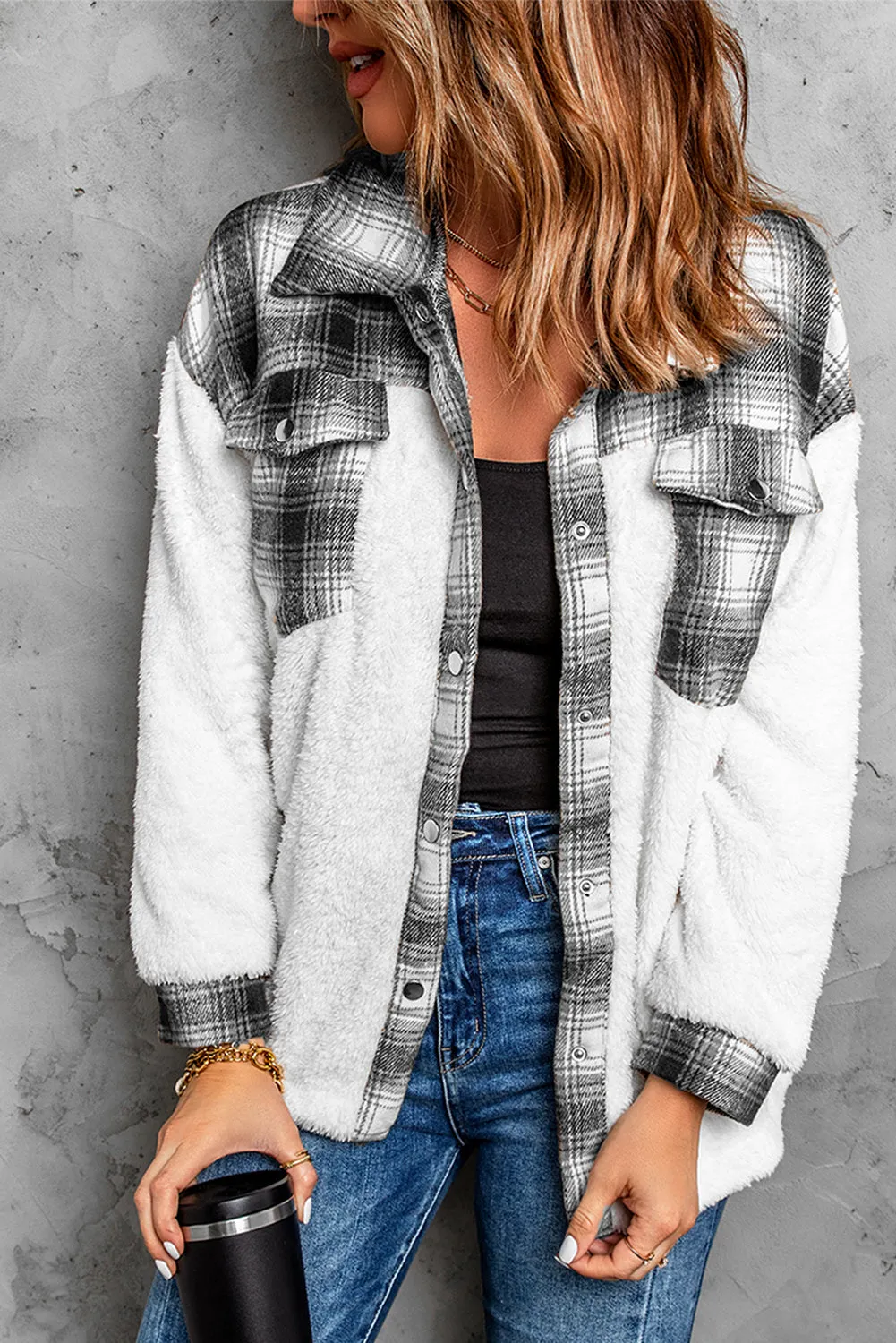 Women's Button Down Pocket Coat Plaid Shacket