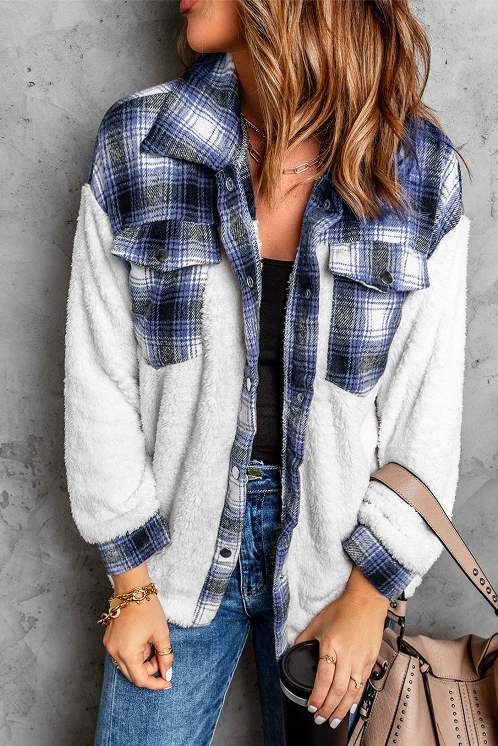 Women's Button Down Pocket Coat Plaid Shacket