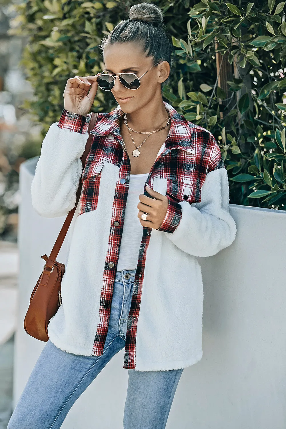 Women's Button Down Pocket Coat Plaid Shacket