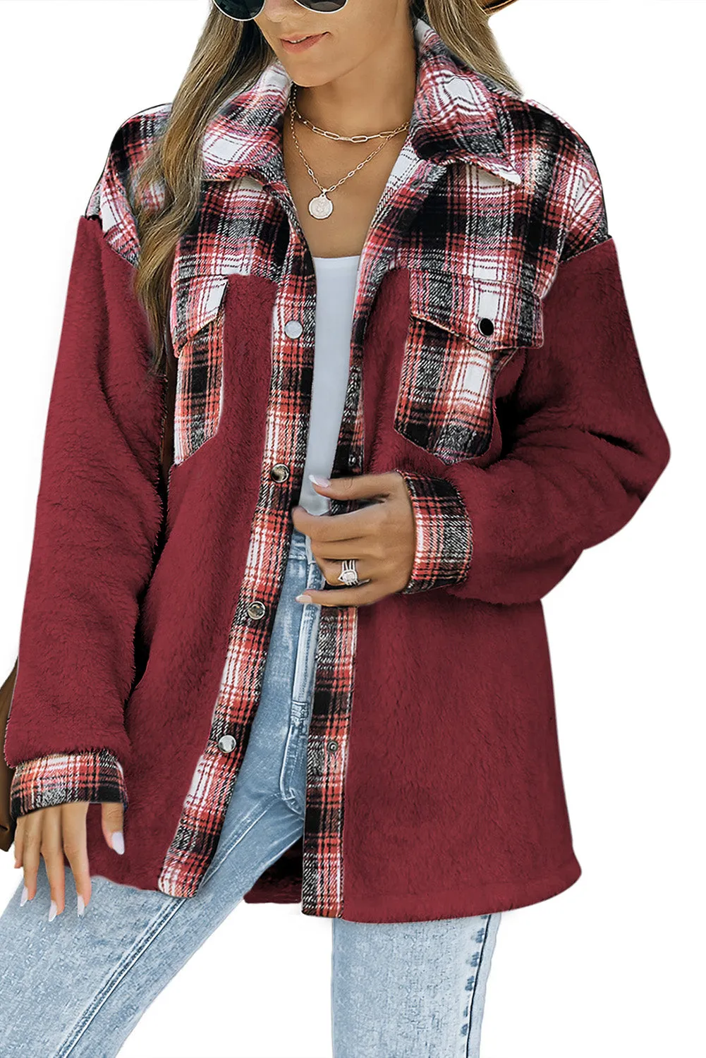 Women's Button Down Pocket Coat Plaid Shacket
