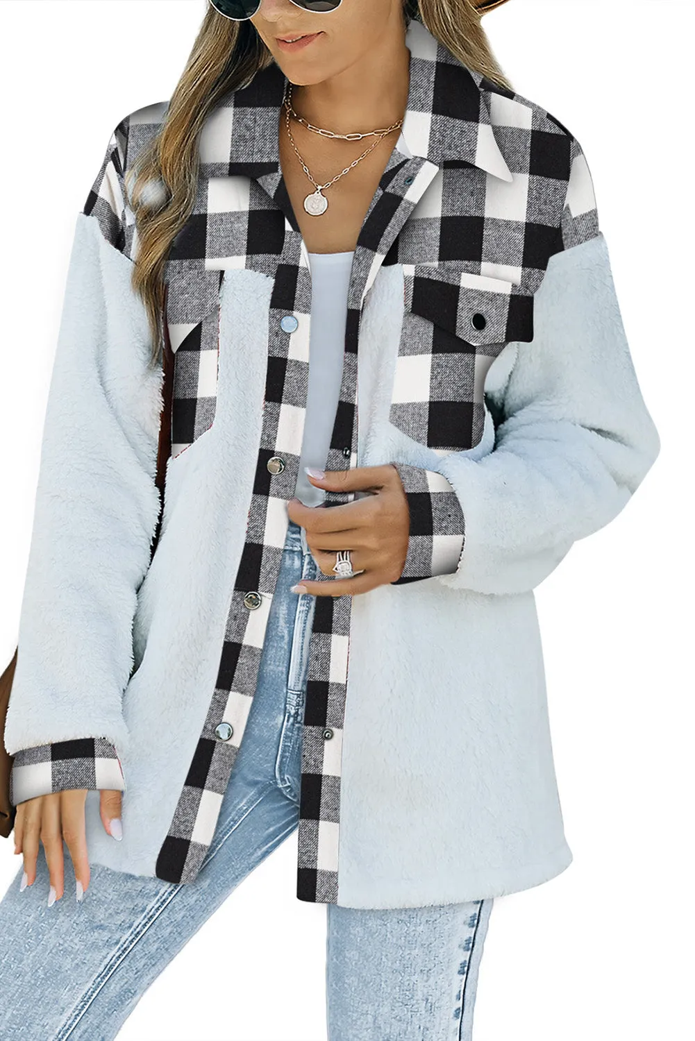 Women's Button Down Pocket Coat Plaid Shacket