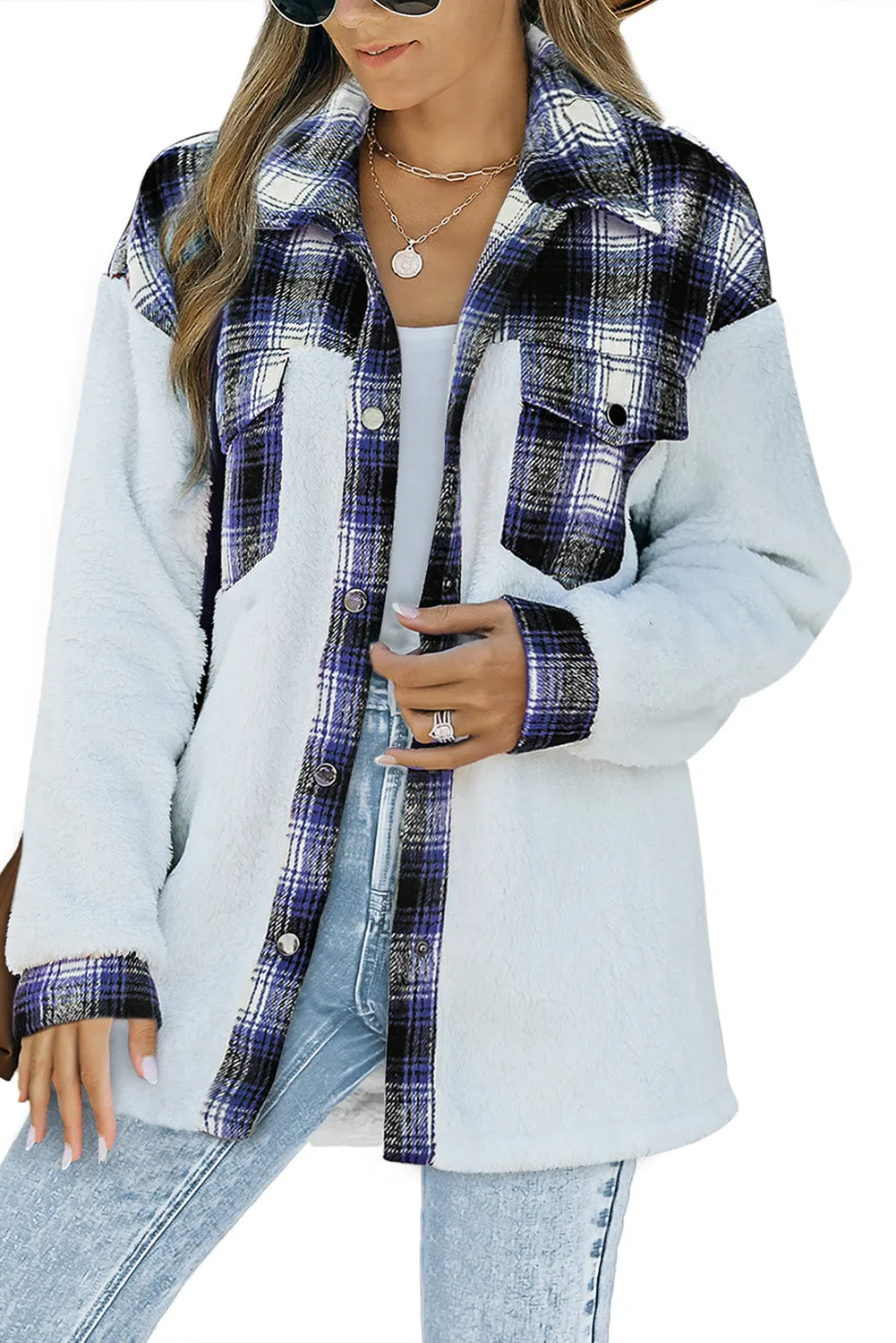 Women's Button Down Pocket Coat Plaid Shacket