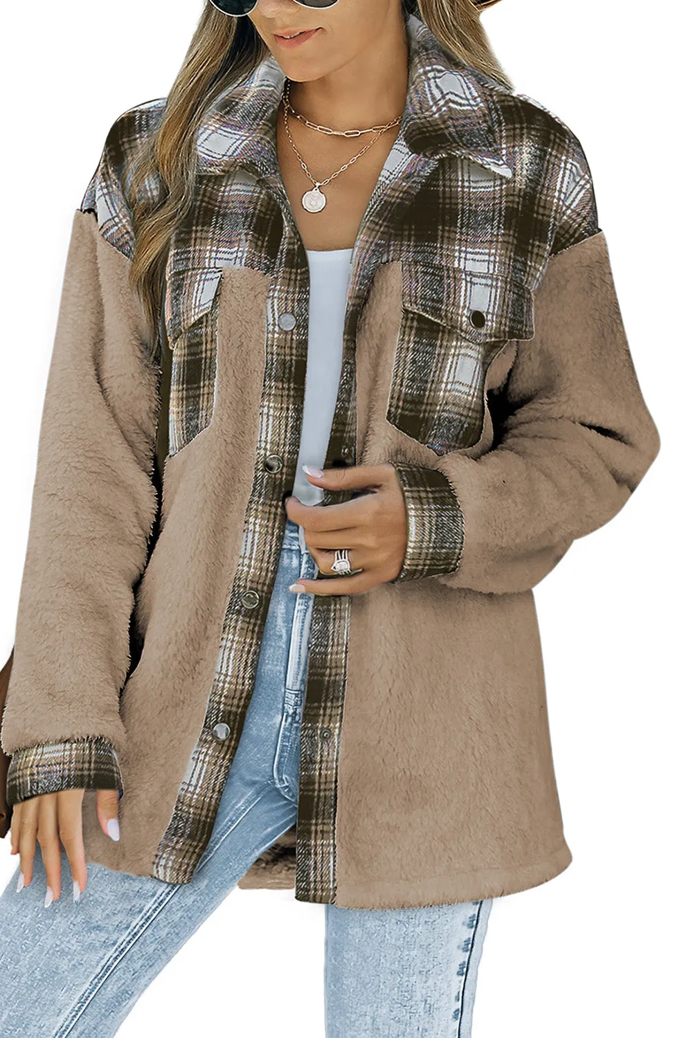 Women's Button Down Pocket Coat Plaid Shacket