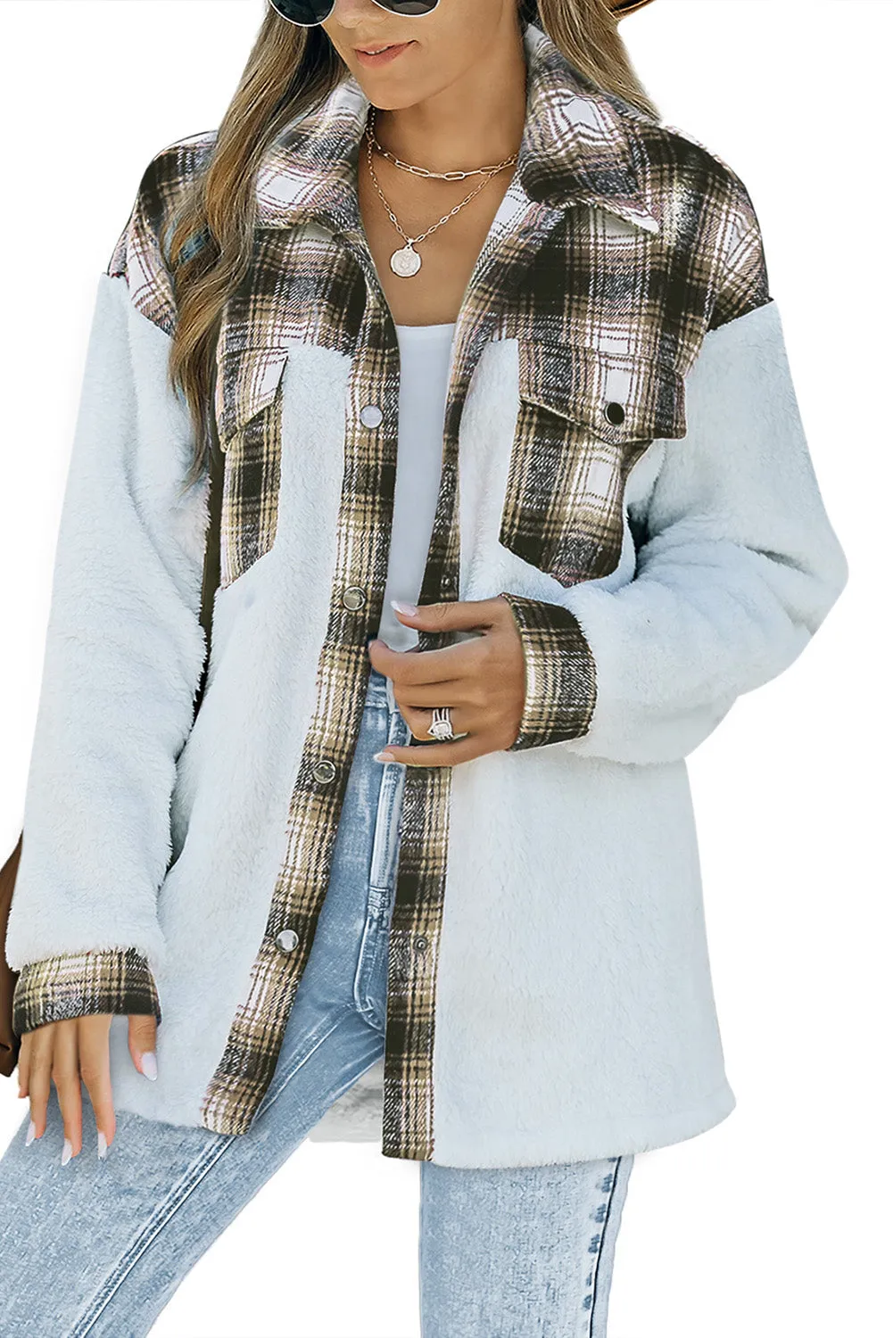 Women's Button Down Pocket Coat Plaid Shacket