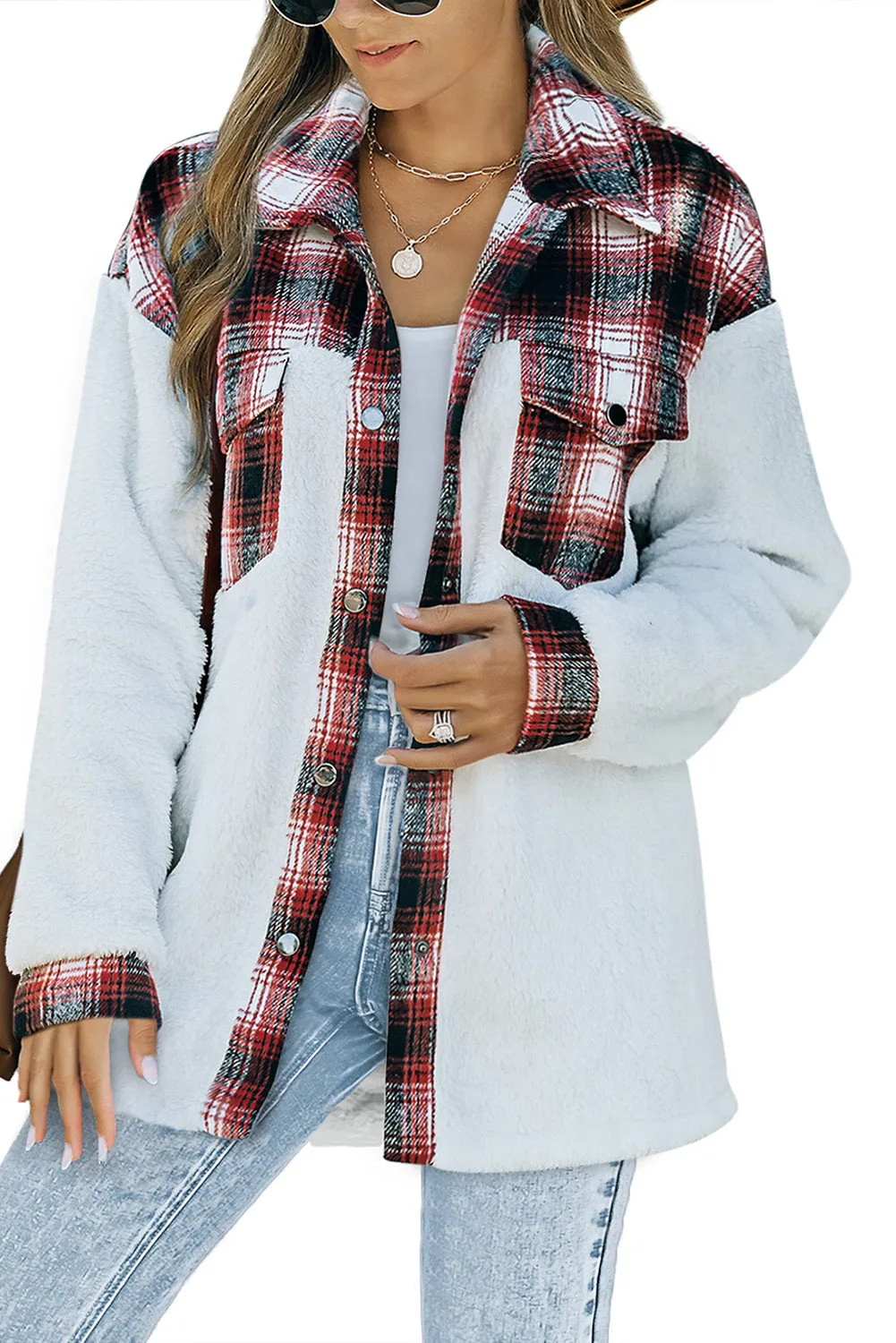 Women's Button Down Pocket Coat Plaid Shacket